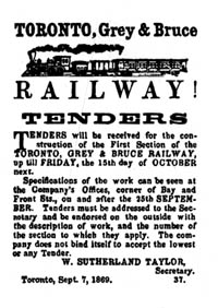 Advertisement for Tenders for narrow gauge Toronto, Grey and Bruce Railway of Ontario Canada