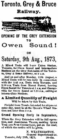 Advertisement for Opening Day to Owen Sound on the narrow gauge Toronto, Grey and Bruce Railway of Ontario, Canada