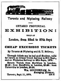 Advertisement for Excursion Tickets for narrow gauge Toronto and Nipissing Railway of Ontario Canada